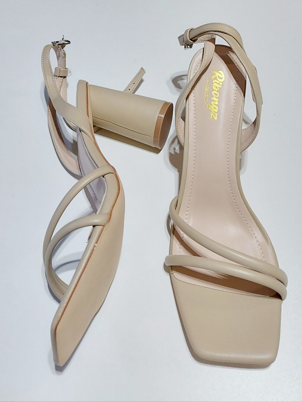 RIBONGZ Women's Nude Strappy High Chunky Heel Square Toe Ankle Sandals Sz 11